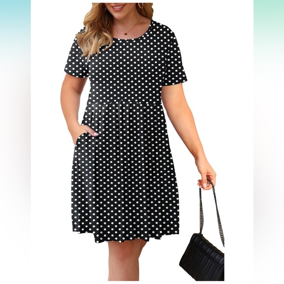EUC AUSELILY Plus Size 22 Swing Dress Pockets Knee Length black white polka dots - Picture 2 of 9